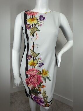 Joseph Ribkoff Floral Sheath Dress Size 16 White Black Sleeveless Career Party